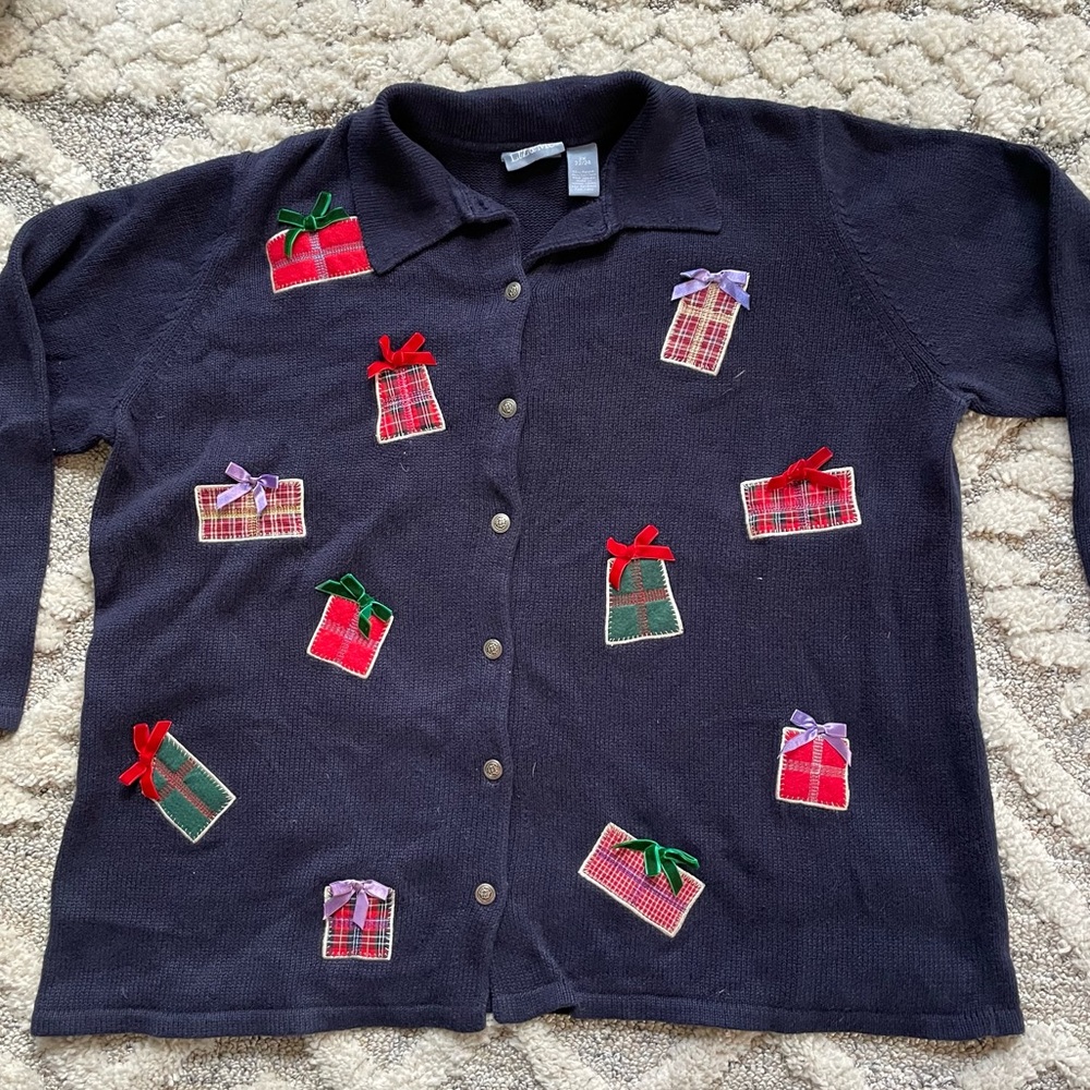 Liz & Me Ugly Christmas Sweater Navy Blue Button Up Cardigan Size 2X